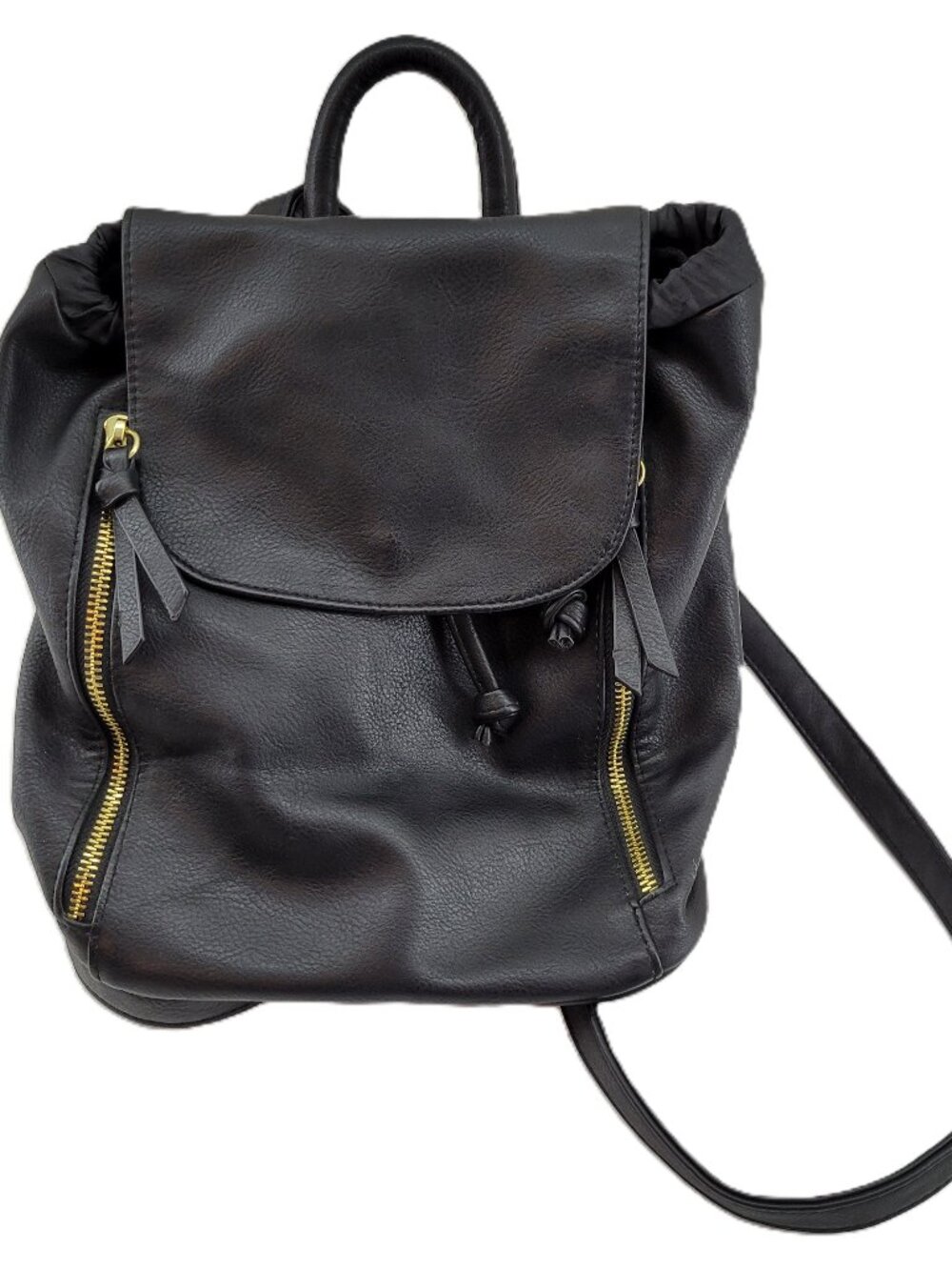 Mossimo Backpack Shoulder Bag Black Faux Leather with Gold Zippers Cinch Handle
